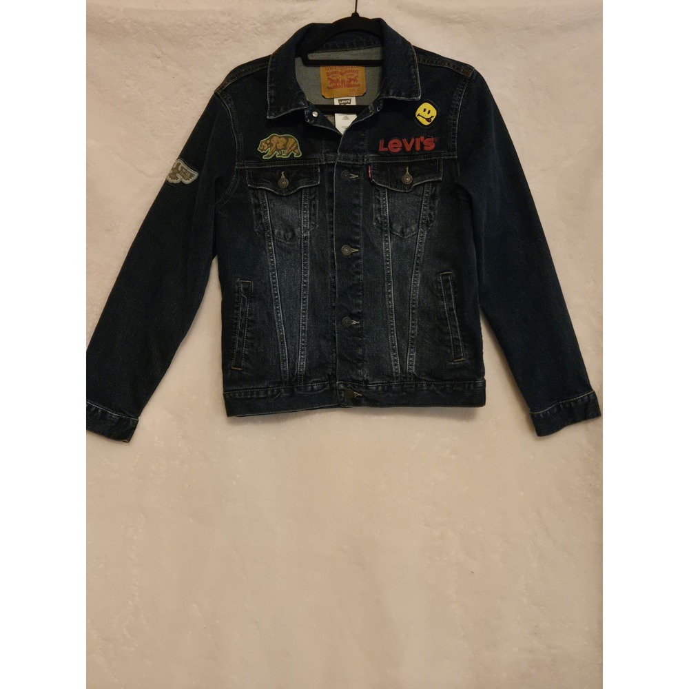 Levis Girls Trucker Denim Jacket Dark Wash Patches Size L 12-14 7747-M2M